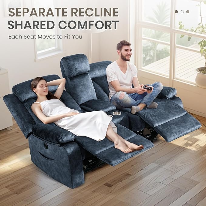 Power Reclining Loveseat with Heat & Massage, Dual Recliner Sofa with Console, Cup Holders, USB & Type-C Ports, 2 Seater Electric Reclining Couch for Living Room, RV (Blue, 2 Seat)