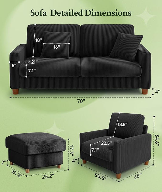 Welzona 70.2" Couches for Living Room, Comfy Sofa Set Tool-Free Setup, Corduroy Couch Set 7.1" Thicker Cushion, Accent Chair with Ottoman 848lbs Support, Sofas for Living Room Home Office, Black