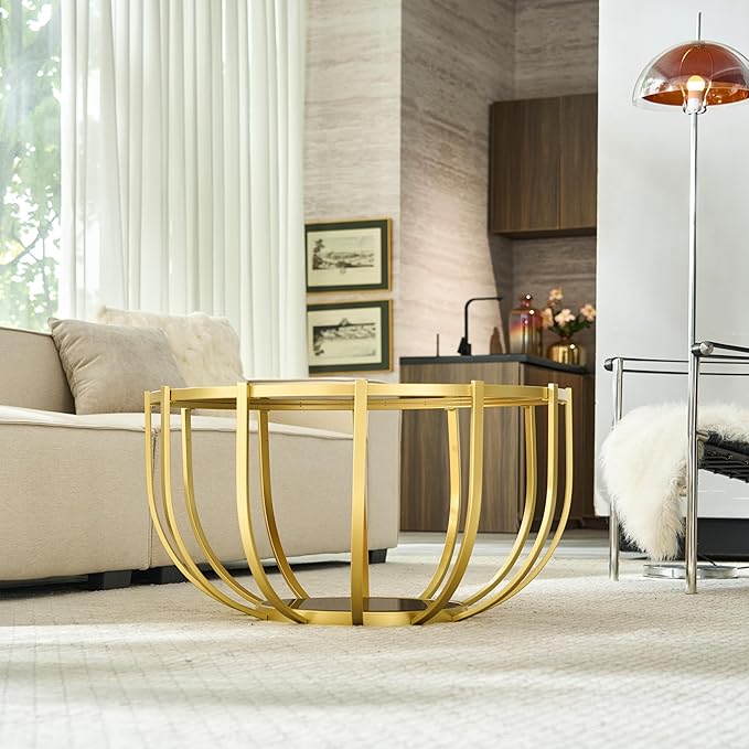 Saint Mossi Glass Round Coffee Table for Living Room, Modern 2-Tier Gold Drum Center Table, Brown Glass Top, Glass Shelf with Gold Finish Legs & Frame, W30xH16.5