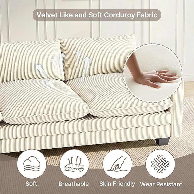 Gizoon 3 Seater Couches for Living Room, Cloud Sleeper Sofa with Double Cushion Corduroy Deep Seat Sofa Couches with 2 Pillows for Living Room Bedroom and Apartment,Pet-Friendly Fabric, Beige