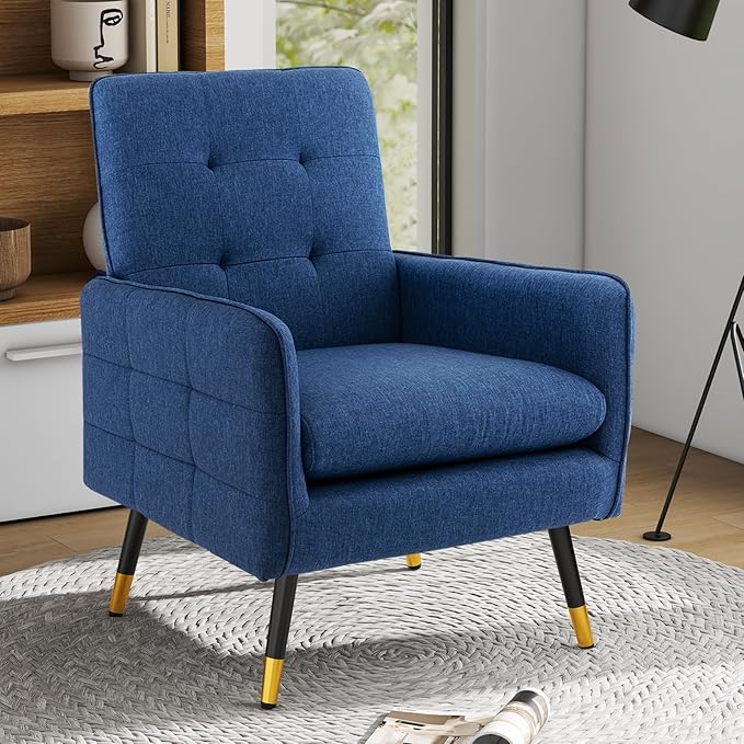 Giantex Modern Mid-Century Accent Chair Set of 2 - Upholstered Armchair with Tufted Back, Metal Legs, Adjustable Foot Pads, Fabric Single Sofa Chair for Reading, Living Room Chair for Bedroom, Blue