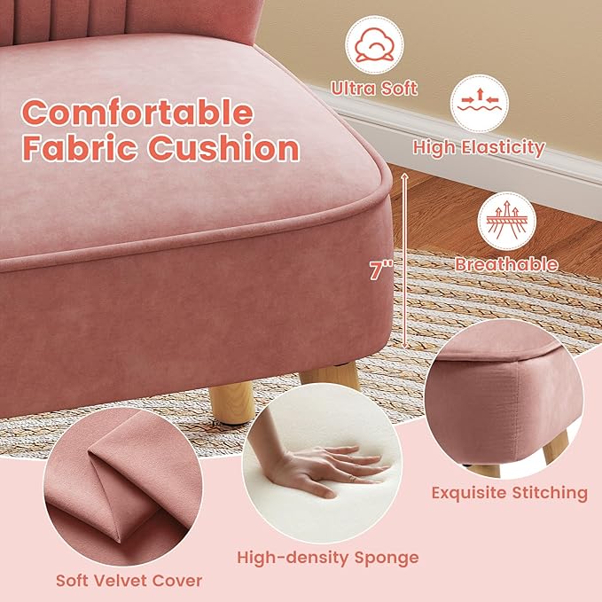KOMFOTT Velvet Accent Chair, Modern Armless Sofa Chair with Solid Rubber Wood Legs, Wingback Leisure Chair with Thick Cushion, Upholstered Side Chair for Living Room, Bedroom, Pink