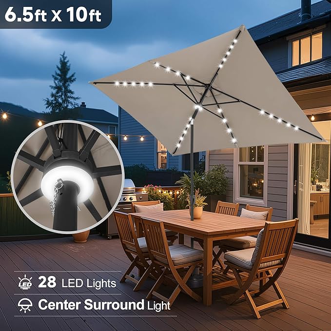 6.5x10 FT LED Lighted Rectangular Patio Umbrella, Rectangular Solar Umbrella Outdoor with Center Ring Light 28 LED Lights, Rectangle Table Umbrella for Deck, Backyard, Pool, Beach (Taupe)