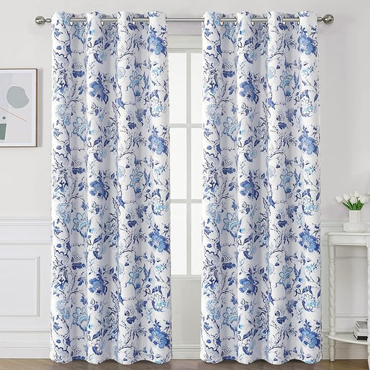 H.VERSAILTEX Blackout Curtains 96 Inch Length 2 Panels Set Floral Print Curtain Drapes for Living Room Thermal Insulated Grommet Window Curtains for Bedroom - Traditional Floral in Blue and White