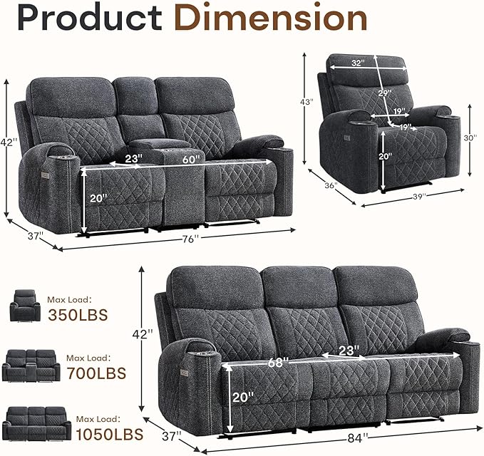 HAOMARKETS 3-Piece Power Recliner Sofa Set with Charging Port, Include Single Recliner Chair, 2-Seater Loveseat Reclining Couch and 3-Seater Reclining Sofa with Cup Holders for Living Room, Dark Grey