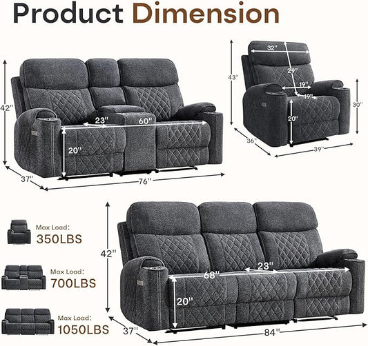 HAOMARKETS 3-Piece Power Recliner Sofa Set with Charging Port, Include Single Recliner Chair, 2-Seater Loveseat Reclining Couch and 3-Seater Reclining Sofa with Cup Holders for Living Room, Dark Grey