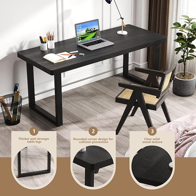 Modern Solid Wood Dining Table with Metal Base Stylish Durable Dining Room Table in Black Multiple Sizes Home Use Office Desk (Respectful Black, 47in)