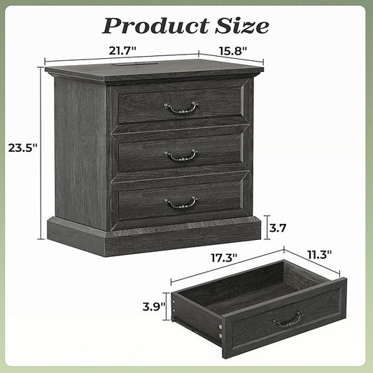 Huuger Nightstand with Charging Station, 3 Drawer Night Stand, 22 Inch Wider Side Table with Storage, Farmhouse Nightstand with Vintage Handles, Thicken Base, for Bedroom, Black