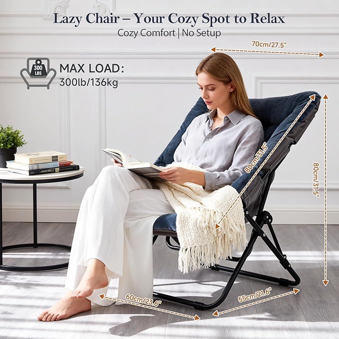 Saucer Chair, Comfy Doorm Chairs, Oversized Folding Faux Fur Chair, Foldable Metal Frame Chair, for Bedroom, Living Room, Balcony, Study, Playroom (Navy Blue)