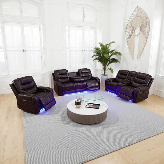 Leather Power Recliner Sofa Set with LED, Living Room Furniture Set, Leather Sofa Set with USB Port Storage Console Cup Holder for Office Living Room Home (Dark Brown)
