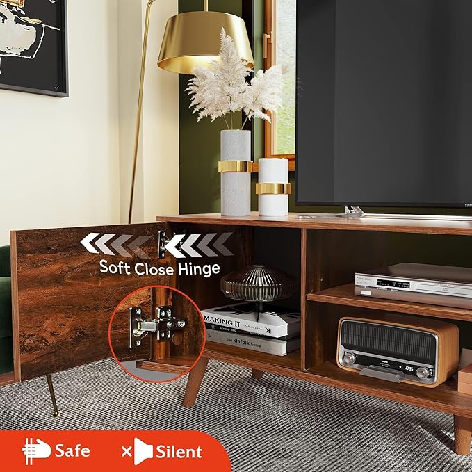 WLIVE Mid-Century Modern TV Stand for 55/60 Inch TV, Entertainment Center with Storage & Adjustable Shelves, Media Console with Soft-Close Cabinets for Living Room/Bedroom, Retro Brown