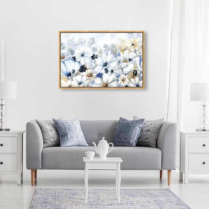 The Oliver Gal Artist Co. Floral and Botanical Wall Art Framed Canvas Prints 'Fields Flowers Home Décor, 30" x 20", Blue, White