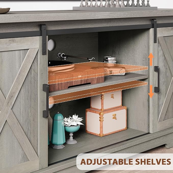IDEALHOUSE Grey Farmhouse Cabinet, 65 Inch TV Stand with Storage, Barn Doors and Shelves, Modern TV Console Table Furniture for Living Bedroom