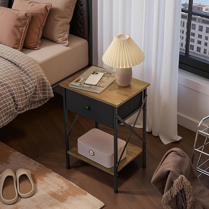 VECELO Nightstand Set of 2, X-Design End Side Table with Fabric Storage Drawer and Open Shelf, Bedside Night Stand with Steel Frame for Bedroom, Living Room,Dorm, Easy Assembly,Antique Brown