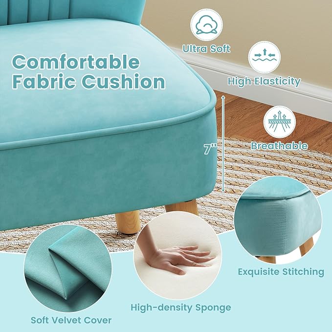 KOMFOTT Velvet Accent Chair Set of 2, Modern Armless Sofa Chair with Solid Rubber Wood Legs, Wingback Leisure Chair with Thick Cushion, Upholstered Side Chair for Living Room, Bedroom, Turquoise