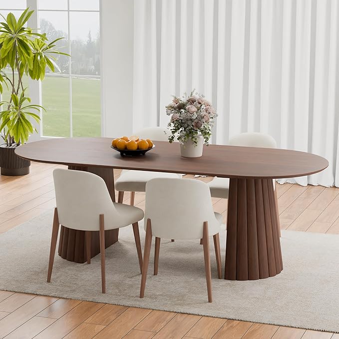 Casaphoria 79" Oval Dining Table, Modern Wood Kitchen Table with Cone Shaped Stripe Convex Base for Living Room & Dining Room, Easy Assembly Farmhouse Furniture for 6-8, Walnut