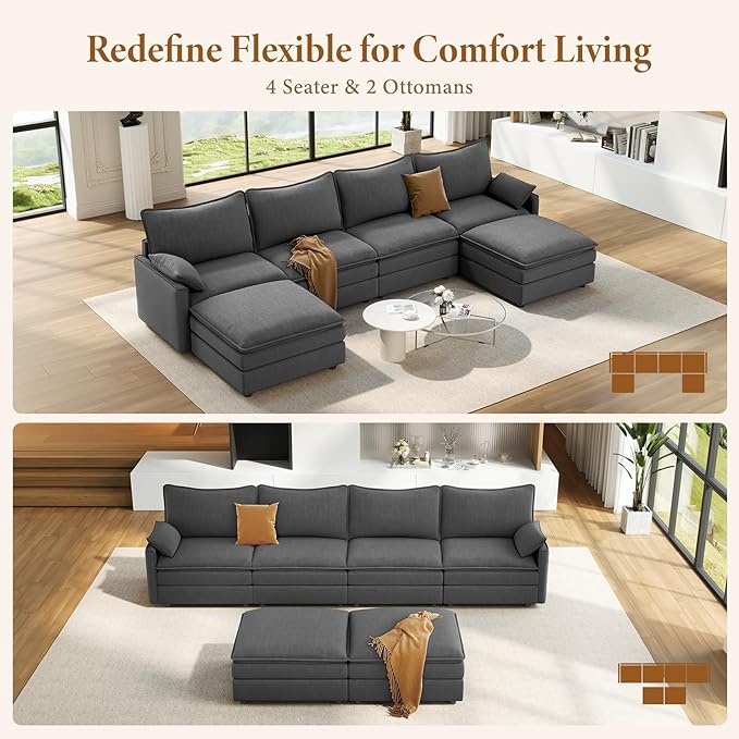 Vesgantti 142" U Shaped Sectional Couch, Comfy Cloud Modular Sectional Sofa with 2 Ottoman Deep Seat Chenille Modern Cloud Sofa, Modular Sofas for Living Room, Bedroom and Apartment, Gray | Sink-in Comfort, Height Adjustable, Easy Rearrangement, Extra-...