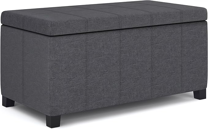 SIMPLIHOME Dover Storage Ottoman Bench - 36 inch Wide Upholstered Linen Look Fabric Rectangular Lift-Top Ottoman in Slate Grey, Contemporary Bench for Living Room with Safety Hinges