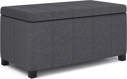 SIMPLIHOME Dover Storage Ottoman Bench - 36 inch Wide Upholstered Linen Look Fabric Rectangular Lift-Top Ottoman in Slate Grey, Contemporary Bench for Living Room with Safety Hinges