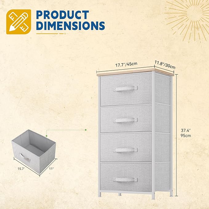 DWVO Dresser with 4 Drawers - Fabric Storage Tower, Organizer Unit for Room, Living Room, Hallway, Closets