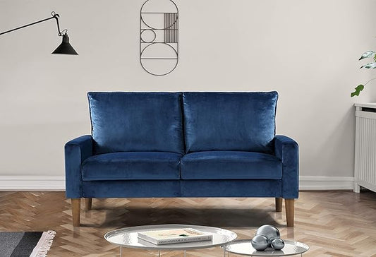 Container Furniture Direct Petit Mid Century Modern Velvet Loveseat for Small Spaces, Upholstered 2 Seater Couch for Living Room and Bedroom, Easy Assembly, Dark Blue