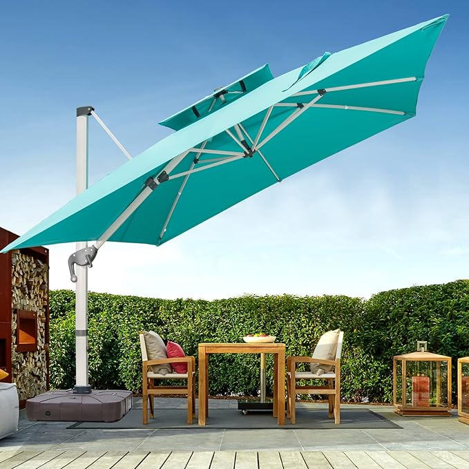 Cantilever Patio Umbrella with Cross Base and Cover Included - 360° Rotation Large Heavy Duty Offset Outdoor Umbrella with Easy Tilt for Pool Backyard Deck Garden (10x10 FT Turquoise Blue)