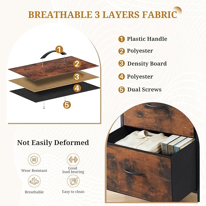Nightstand with 4 Fabric Drawers, 37.4" H Tall Narrow Bedside Table with Wooden Top Steel Frame for Bedroom, Dorm, Closet, Living Room, Brown