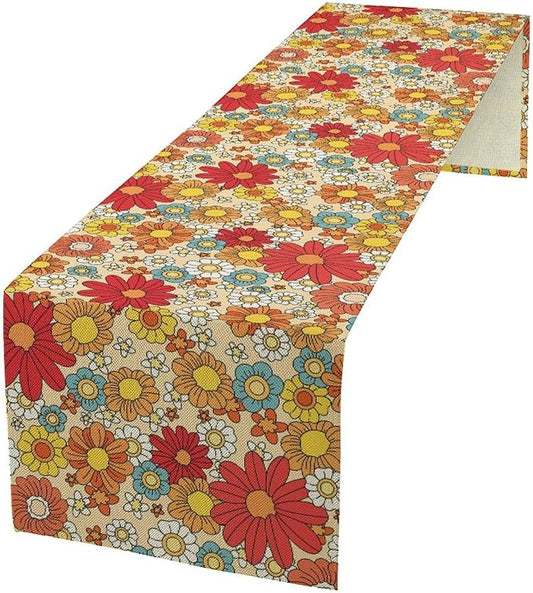 Hippie Floral Table Runner Groovy 1970s Vintage Colorful Rural Flower Retro Floral Printed Table Runner for Living Room Kitchen Dining Table Decoration 13x60in