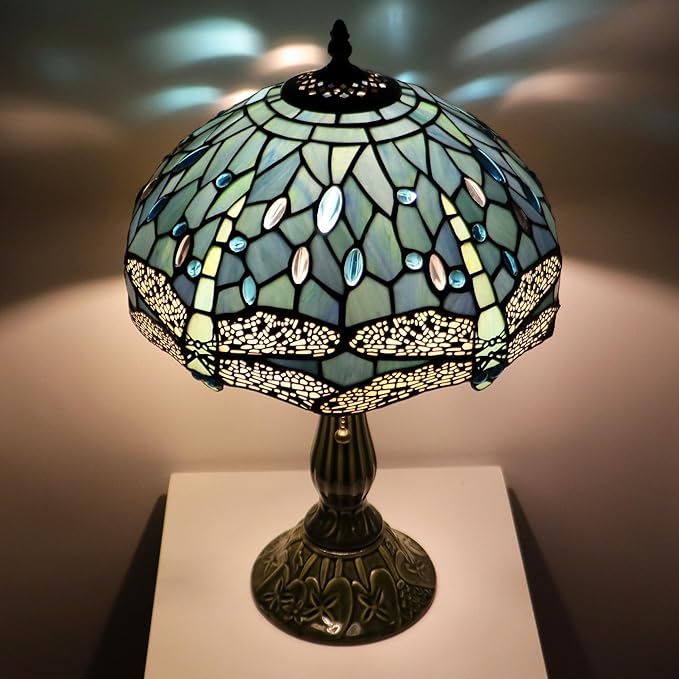 Tiffany Lamp Stained Glass Table Lamps Sea Blue Dragonfly Style Desk Lamp 12X12X18.5 Inch Bronze Ceramic Base Reading Light Suitable for Bedside Bedroom Living Room Dining Room Office