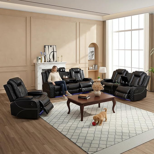 Power Recliner Sofa Set, Breathing Leather Reclining Couch Set, 3 Piece Living Room Furniture Set with LED Lights/Charging Ports/Storage for Home/Office (Black, Sofa+Loveseat+Chair)