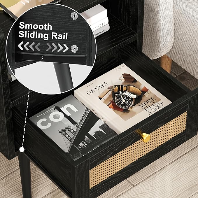Night Stand Set 2, Nightstands Set of 2 with Charging Station, Rattan Side Tables with Solid Wood Legs, Boho Bedside End Table for Farmhouse Bedroom Dorm Small Space - Black
