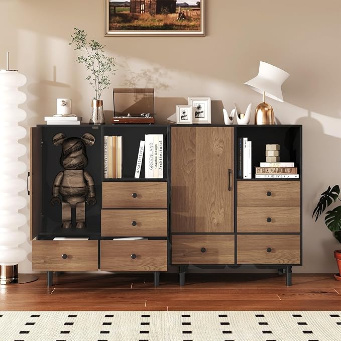 Giantex Storage Cabinet with 4 Drawers, Door and Open Compartment, 18" x 31.5" x 38.5" Inches, Metal Support Legs, Freestanding Side Cabinet, Buffet Sideboard for Living Room, Dining Room, Entryway
