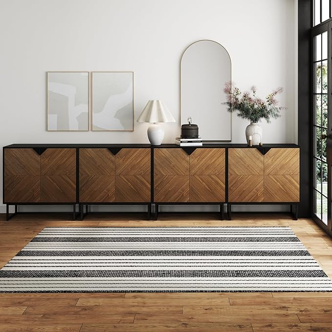 Nathan James Enloe Modern Sideboard Buffet Storage Accent Cabinet TV Stand with Doors in Rustic Pine Wood Finish and Matte Metal Base for Hallway, Kitchen or Living Room, Walnut Brown/Black, Set of 4