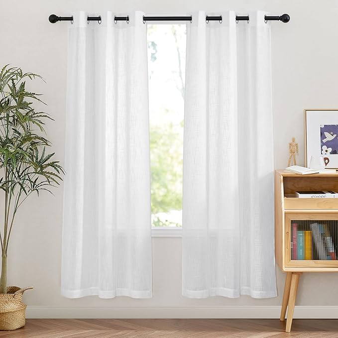 NICETOWN Linen Curtains White Semi Sheer 72 inch Long for Windows, Privacy with Light Filtering Grommet Top Window Treatments for Bedroom/Living Room, W42 x L72, 2 Panels