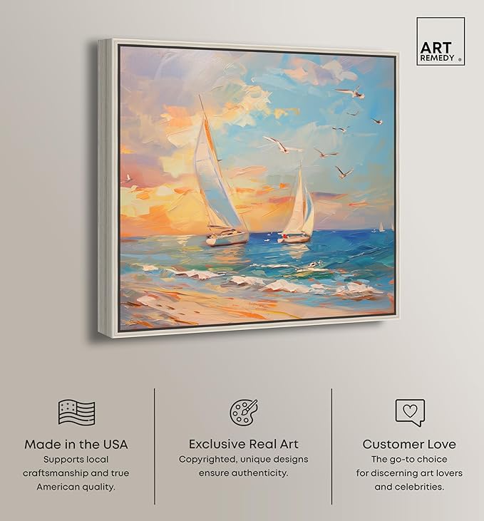 Art Remedy Sailboats In The Sunset Chic Coastal Canvas Wall Art, Silver Floater Frame, 20"x20"