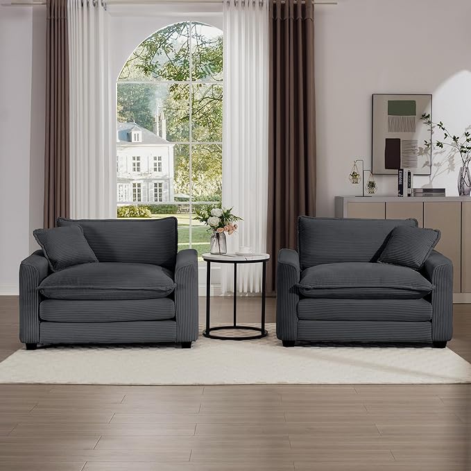 KEIKI 2-Piece Sofa Set with 2 Oversized Corduroy Single Sofa, Upholstered Modern 2-Seater Lounge Accent Chair Set with 2 Pillow, High-Density Foam Cushions, Removable Armrests, for Living Room, Grey