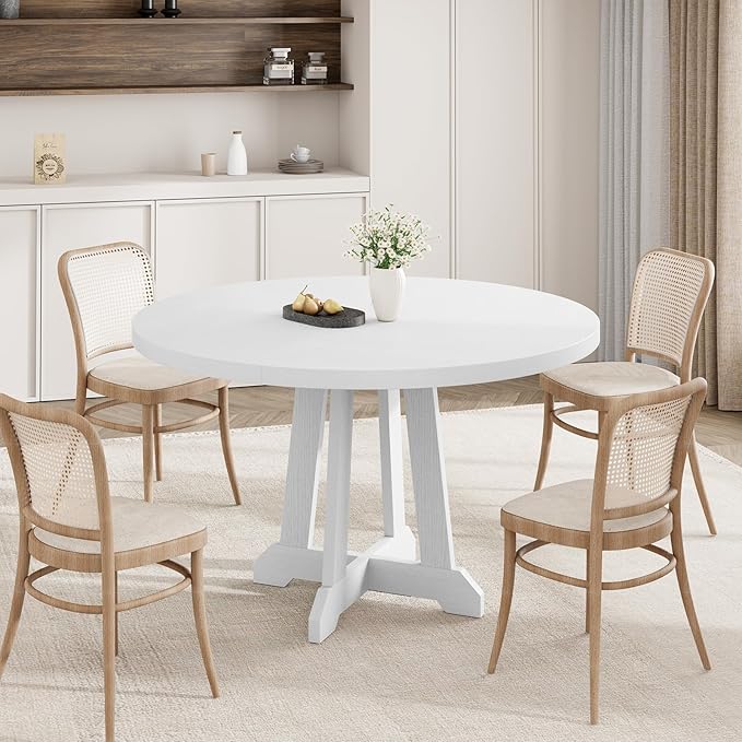 IDEALHOUSE Round Dining Table for 4, 47 Inches Dining Room Table with Wooden Base, Kitchen Table with Circle Tabletop, Dinner Table for Dining Room, Kitchen, Living Room, White