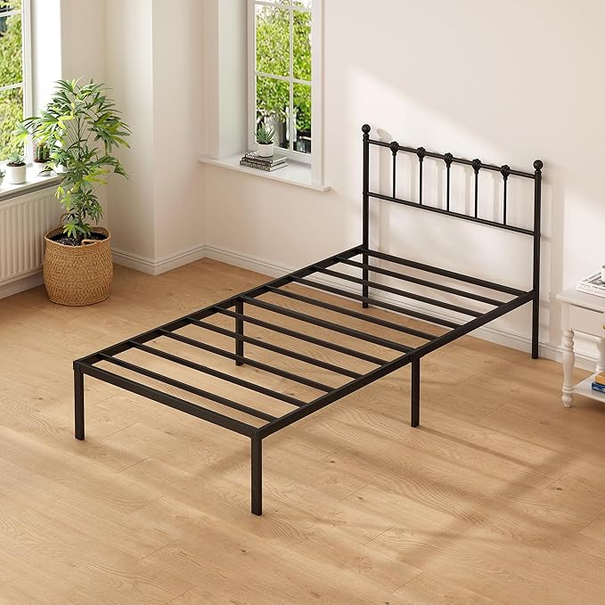 Twin Size Bed Frame with Modern Headboard, Metal Platform Bed Base with Strong Support, No Box Spring Needed, Easy Assembly, Noise Free，Black