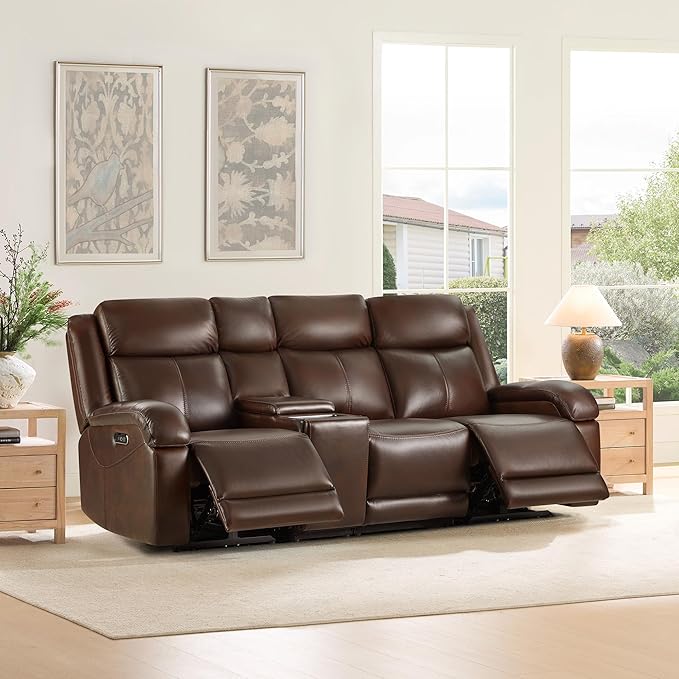 Watson & Whitely Genuine Leather Power Recliner Sofa, 3 Seater Wall Hugger Reclining Sofas with Storage Console, Power Headrest, USB, Electric Recliner Couch Set for Living Room, Dark Brown