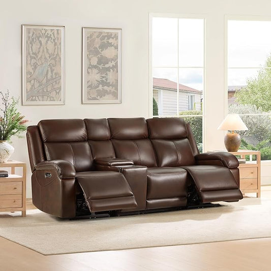 Watson & Whitely Genuine Leather Power Recliner Sofa, 3 Seater Wall Hugger Reclining Sofas with Storage Console, Power Headrest, USB, Electric Recliner Couch Set for Living Room, Dark Brown