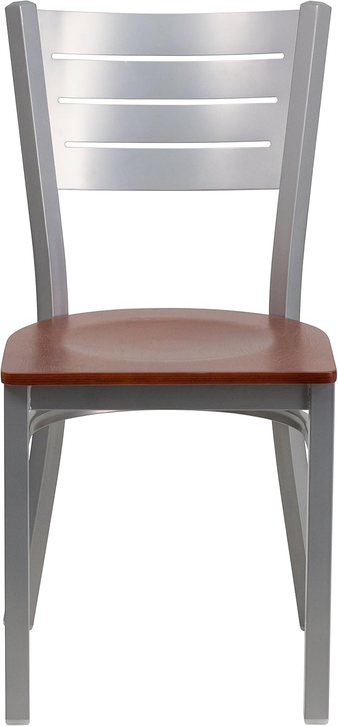 Flash Furniture HERCULES Series Silver Slat Back Metal Restaurant Chair - Cherry Wood Seat