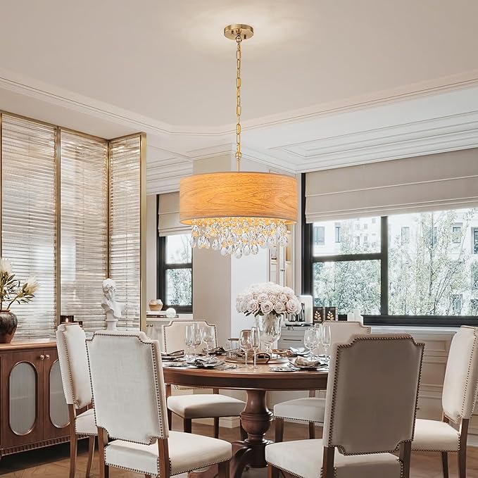 4-Light Drum Wood K9 Crystal Chandeliers, Nature Boho Style Pendant Light Fixture for Dining Room, Living Room, D18 x 21~68"(Adjustable), Solid Wood Lampshade & Gold Finish