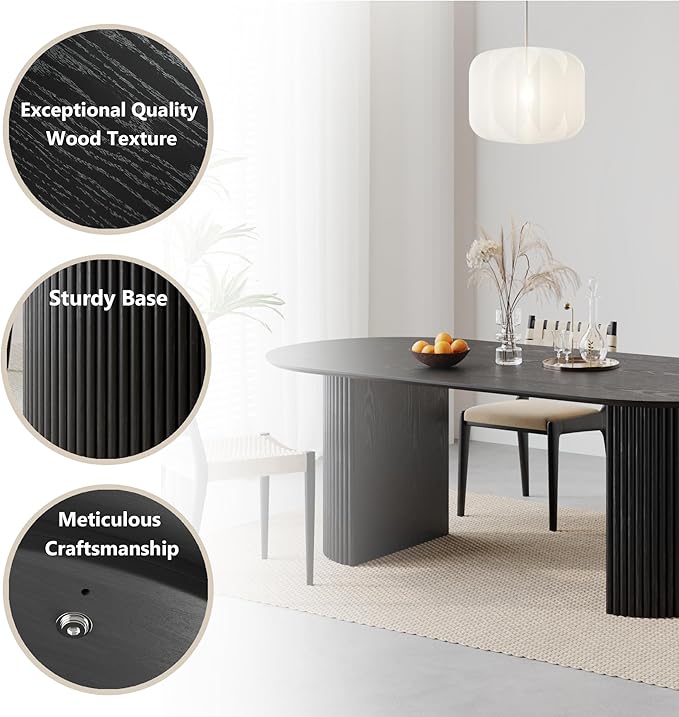 Casaphoria 79" Oval Dining Table, Modern Wood Kitchen Table with Cylinder Stripe Base for Living Room & Dining Room, Easy Assembly Farmhouse Furniture for 6-8, Black