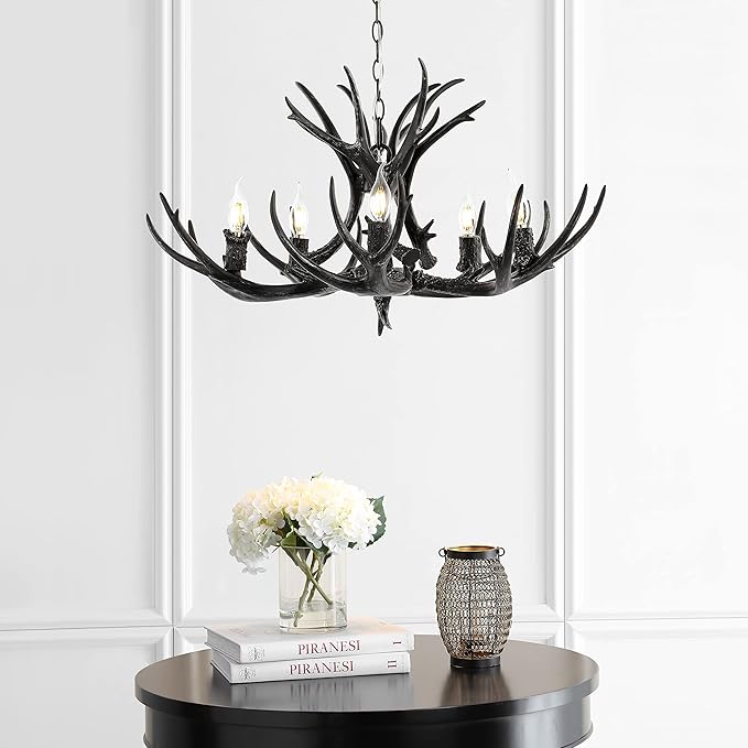 JONATHAN Y 26" Black Rustic Resin Antler 4-Light LED Chandelier, Farmhouse Faux Deer Horn Hanging Ceiling Light for Dining Room, Kitchen Island, Adjustable Light Fixture (JYL6300C)