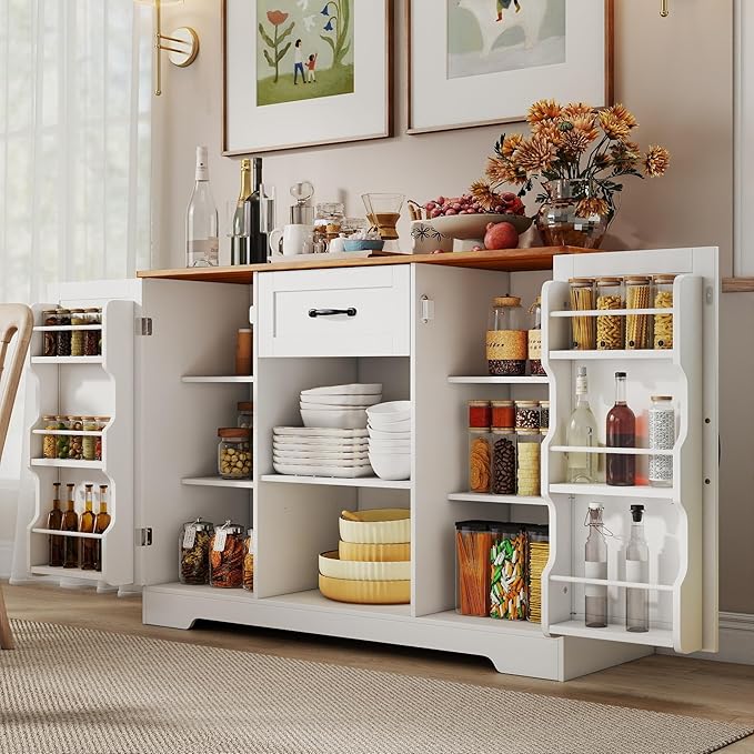 Gizoon Kitchen Sideboard Buffet Cabinet with Storage Coffee Bar Cabinet with Drawer, Kitchen Pantry Storage with Door and Shelves for Bathroom and Living Room, White and Rustic