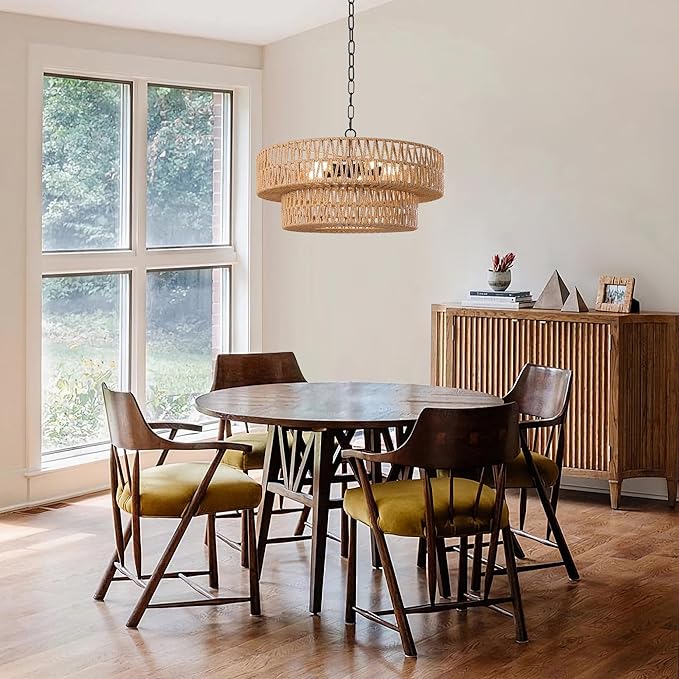LamQee 22 Inch Farmhouse Rattan Chandeliers, 5 Lights Boho Chandelier Light Fixture with Hand Woven Wicker Shade, Large Rattan Pendant Lights Ceiling Hanging Lighting for Dining Room Kitchen Island