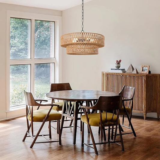 LamQee 22 Inch Farmhouse Rattan Chandeliers, 5 Lights Boho Chandelier Light Fixture with Hand Woven Wicker Shade, Large Rattan Pendant Lights Ceiling Hanging Lighting for Dining Room Kitchen Island