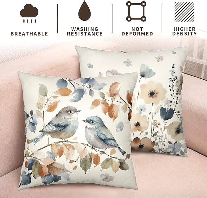 Fall Flower Bird Chinoiserie Pillow Covers 18x18 Set of 2 Burnt Orange and Blue Flowers Leaves Decorative Throw Pillows Covers Autumn Outdoor Cushion Cases for Home Couch Sofa