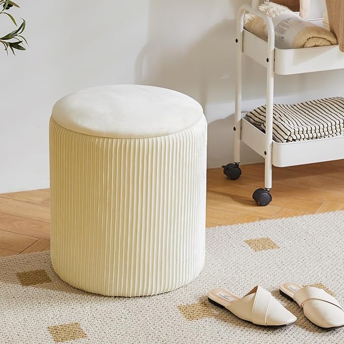 IBUYKE Round Ottoman with Storage Set of 2 Boucle Ottoman End Table for Living Room Vanity Stool Velvet Footrest Stool Bar Stool White UWBD005W