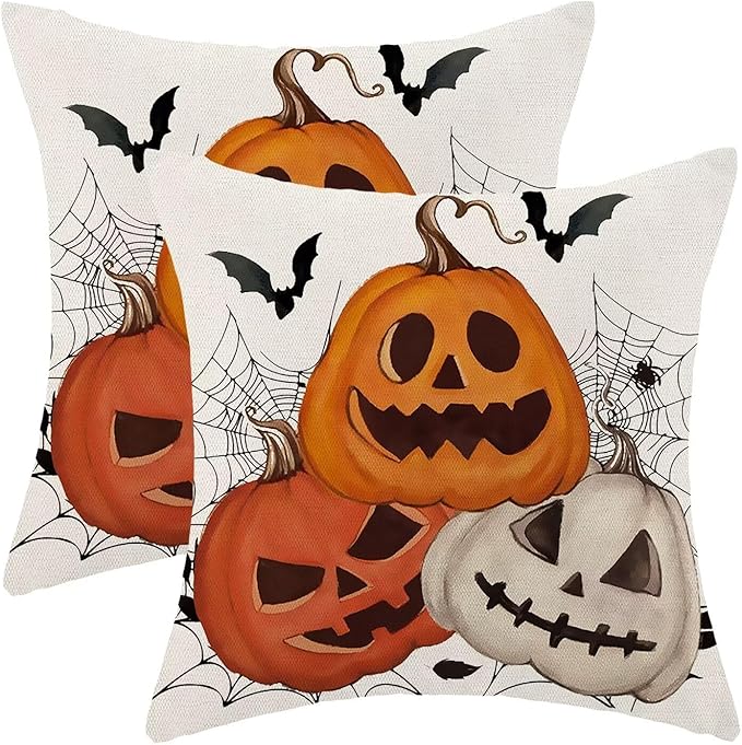 Halloween Pillow Covers 16 x 16 Inch Pack of 2, White Pumpkin Bat Spider Web Decorative Throw Pillow Covers Vintage Linen Farmhouse Outdoor Halloween Pillowcase for Bedroom Home Sofa Decor